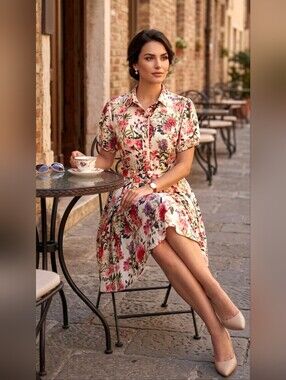 The Moon Floral Pleated Button Collar Dress Short Sleeves Retro Size Large